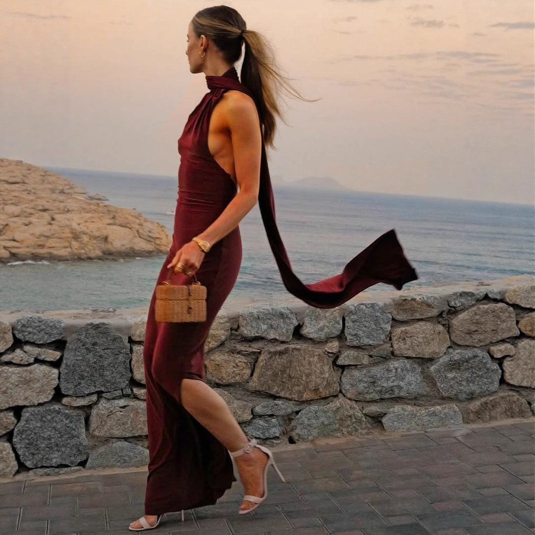 Damen Elegantes Maxikleid mit innovativem Wickeldesign und asymmetrischem Halterhals Echo Archiv