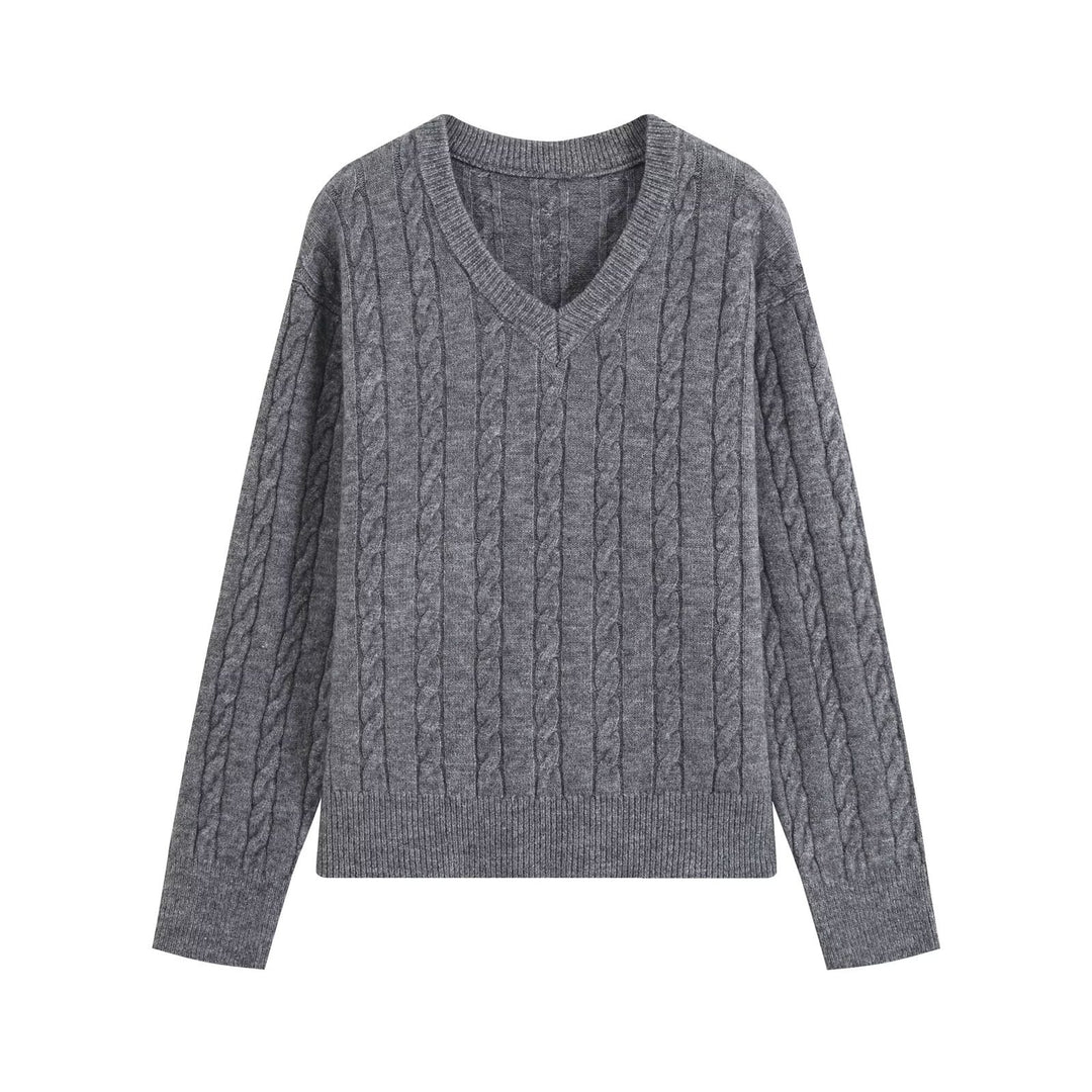 Damen Oversize Zopfmuster-Pullover mit V-Ausschnitt und breitem Rippbündchen Echoarchiv