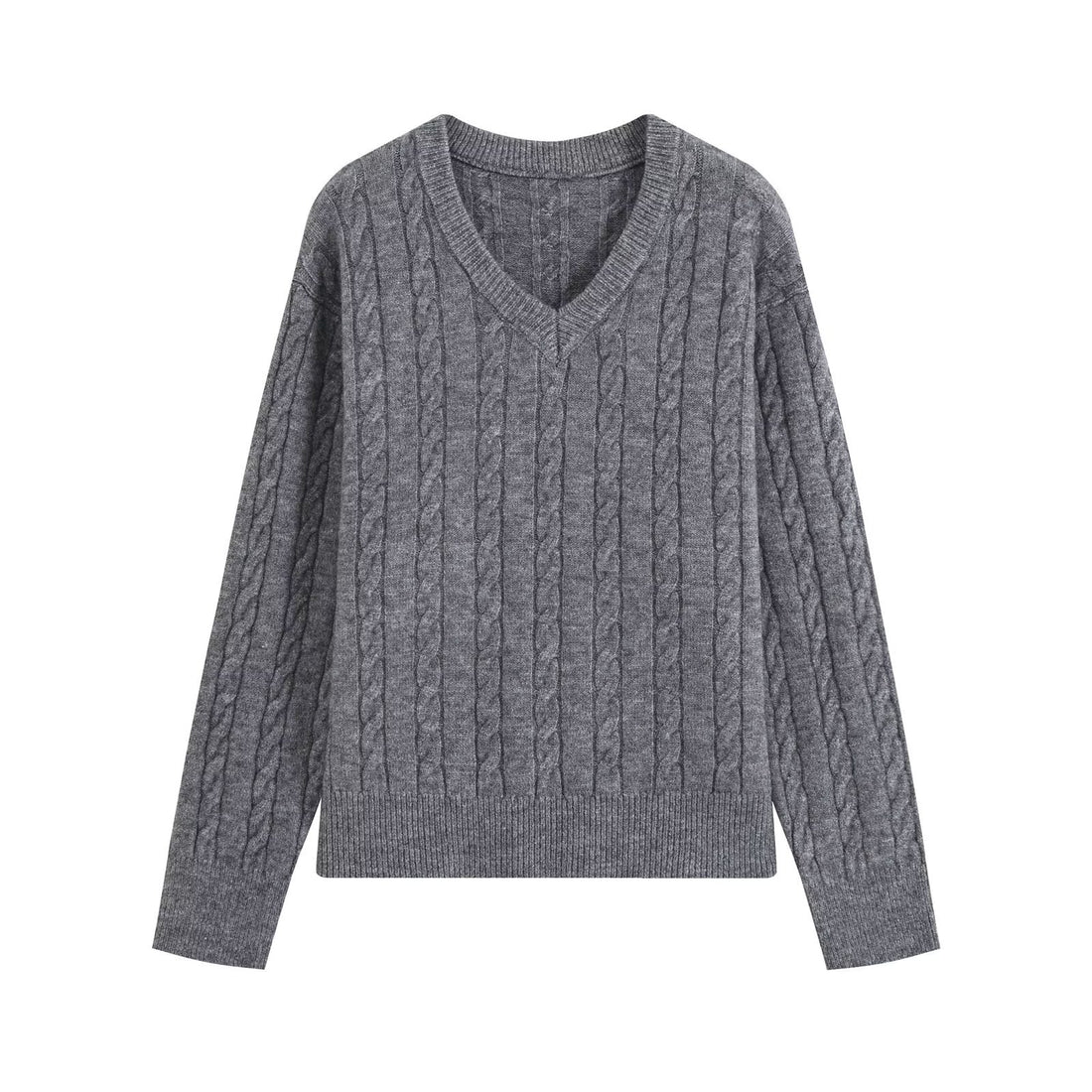 Damen Oversize Zopfmuster-Pullover mit V-Ausschnitt und breitem Rippbündchen Echoarchiv