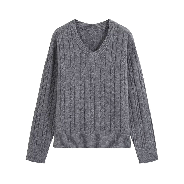 Damen Oversize Zopfmuster-Pullover mit V-Ausschnitt und breitem Rippbündchen Echoarchiv
