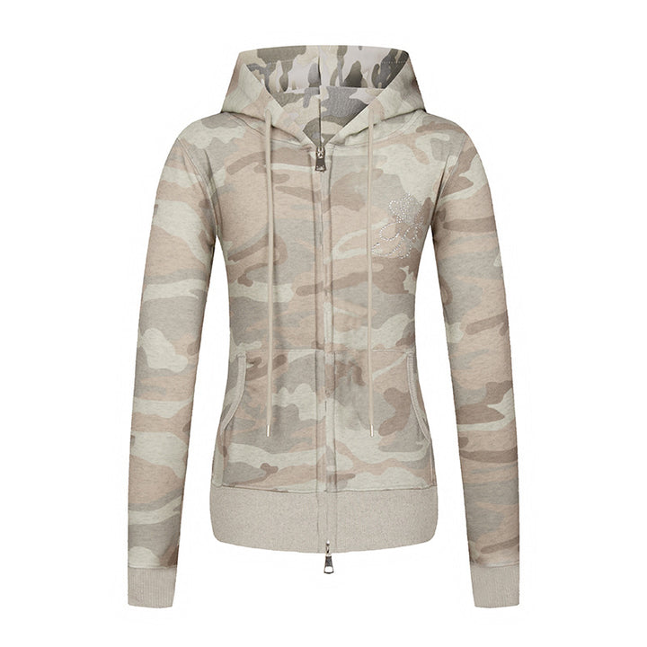 Damen Kapuzen-Sweatjacke mit zweiseitigem Reißverschluss, Camouflage-Print und Strass‑Schmetterling Echoarchiv