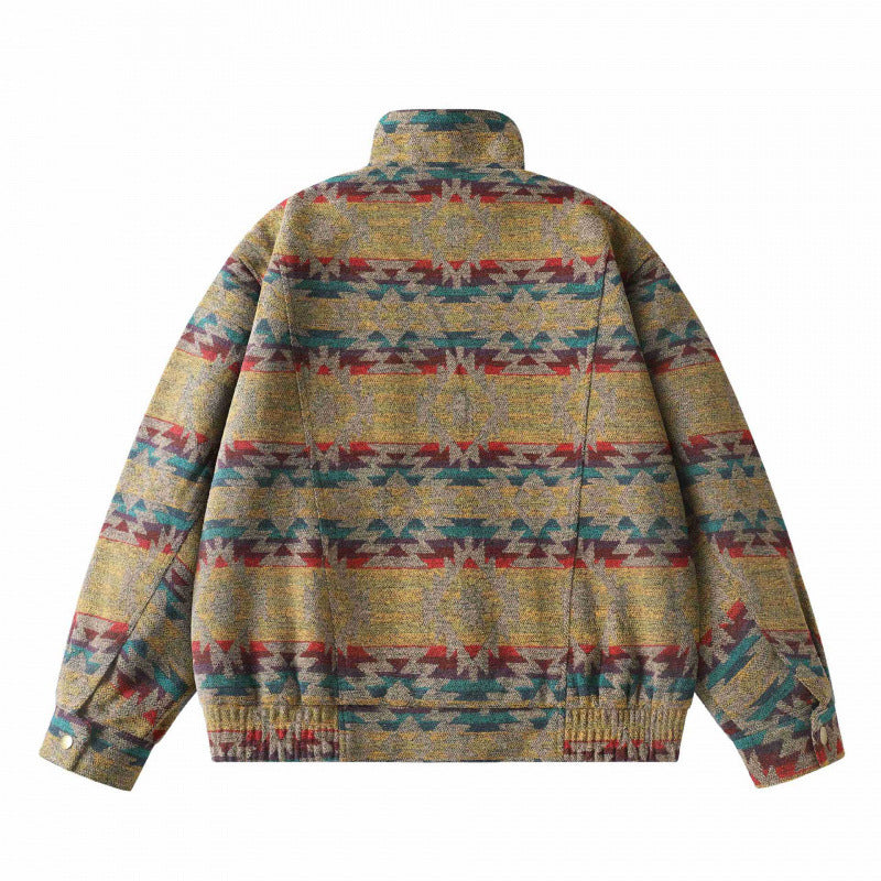 Unisex Kastenförmige Jacquard-Wolljacke im Bomberstil mit Stehkragen, Pattentaschen und elastischem Saum Echo Archiv