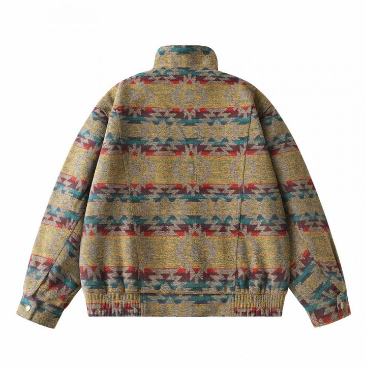 Unisex Kastenförmige Jacquard-Wolljacke im Bomberstil mit Stehkragen, Pattentaschen und elastischem Saum Echo Archiv