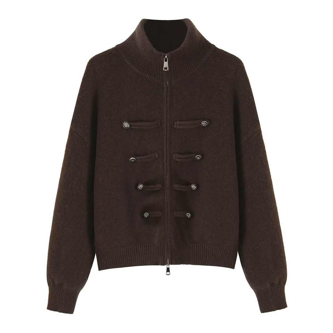Damen Strickjacke mit Stehkragen, Reißverschluss und dekorativen Knotenblenden Echoarchiv