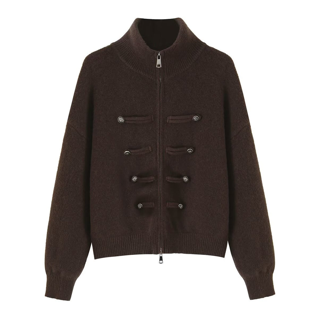 Damen Strickjacke mit Stehkragen, Reißverschluss und dekorativen Knotenblenden Echoarchiv