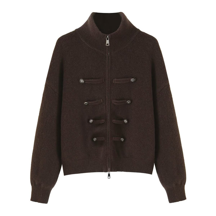Damen Strickjacke mit Stehkragen, Reißverschluss und dekorativen Knotenblenden Echoarchiv