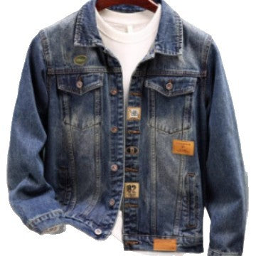Herren Vintage-gewaschene Denimjacke mit Markenpatches, Brustklappen und geradem Schnitt Echoarchiv