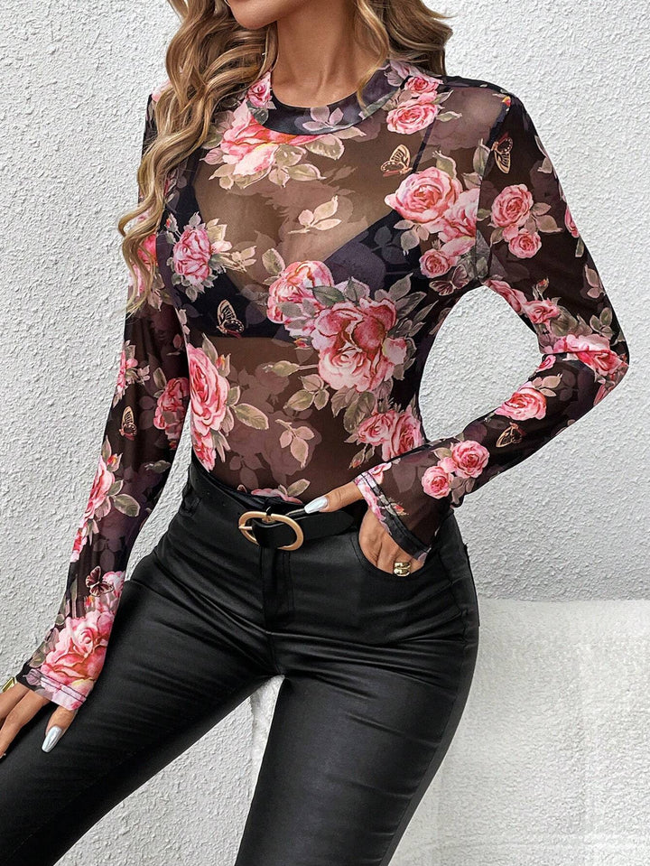 Damen nan transparentes figurbetontes Langarmshirt mit floralem Rosendruck und Stehkragen Echo Archiv