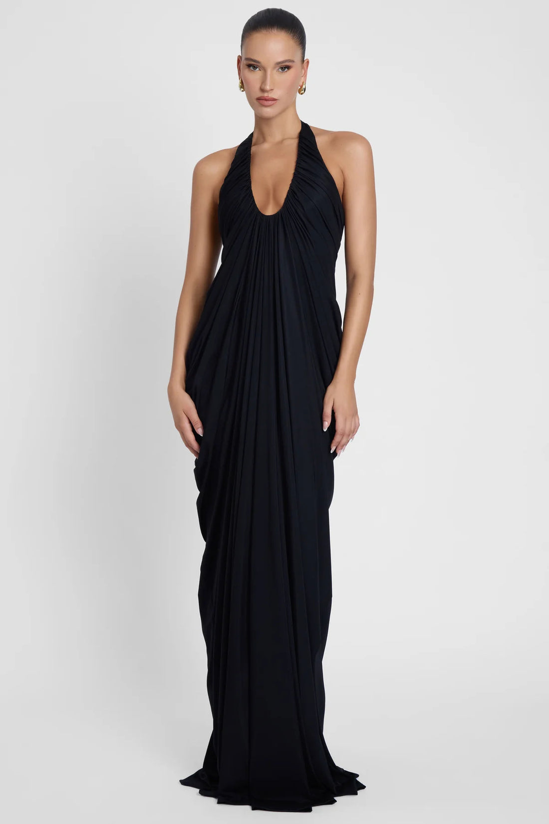 Damen Elegantes Maxikleid mit tiefem V-Ausschnitt und fließendem Drapé – Valéora