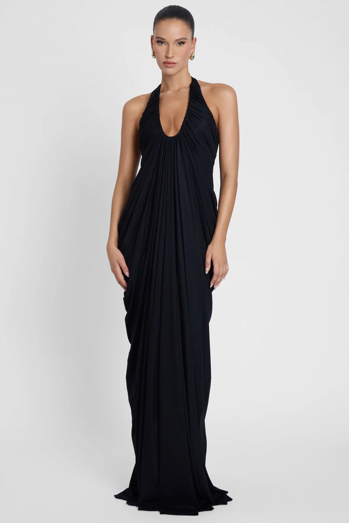 Damen Elegantes Maxikleid mit tiefem V-Ausschnitt und fließendem Drapé Echo Archiv