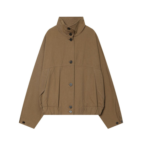 Damen kurze Utility-Cropped-Jacke mit hohem Stehkragen, Kordelzugtaillierung und durchgehender Knopfleiste – Célinea