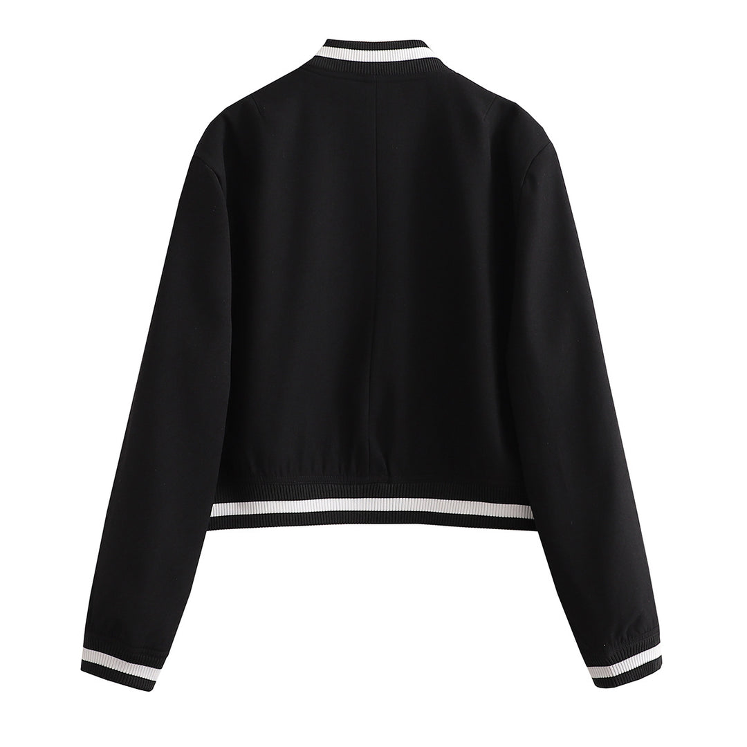 Damen Kurz geschnittene Collegejacke mit Rippbündchen und Druckknöpfen – Célinea