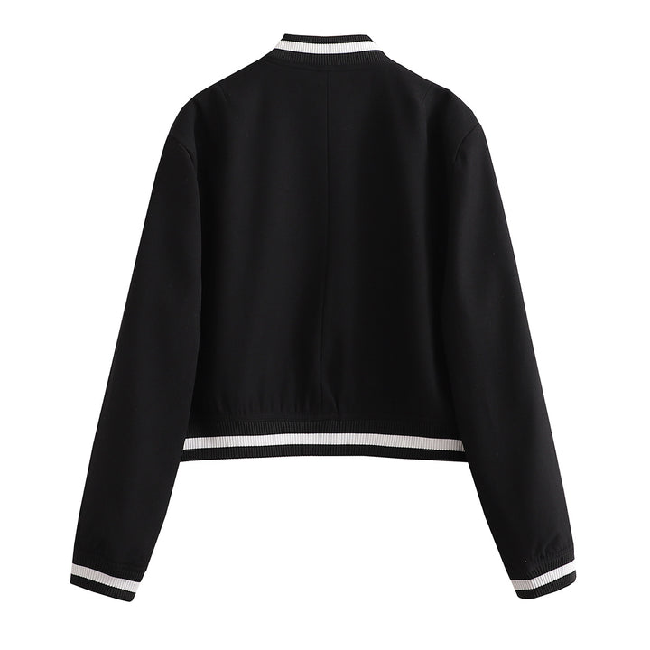 Damen Kurz geschnittene Collegejacke mit Rippbündchen und Druckknöpfen – Célinea