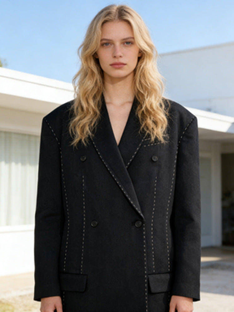 Damen Doppelreihiger Oversize-Mantelblazer mit markanter Schulterpartie & Ziersteppungen Echoarchiv