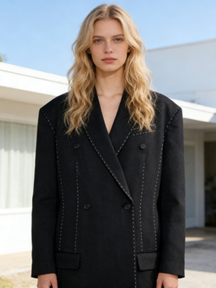Damen Doppelreihiger Oversize-Mantelblazer mit markanter Schulterpartie & Ziersteppungen Echoarchiv