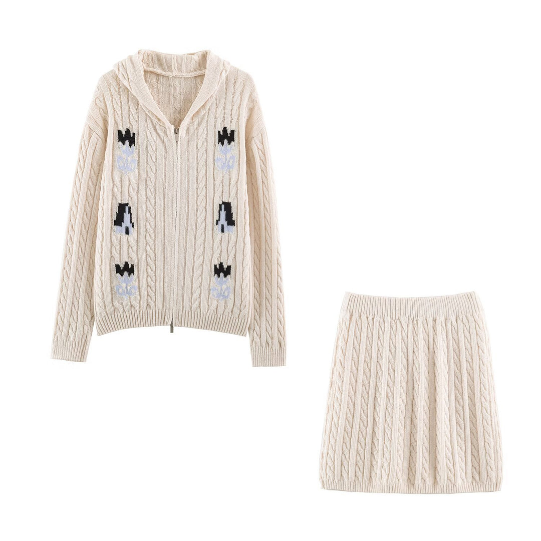 Damen Zweiteiliges Strick-Set mit Zipper-Kapuzenjacke und kurzem Zopfmuster-Rock Echoarchiv