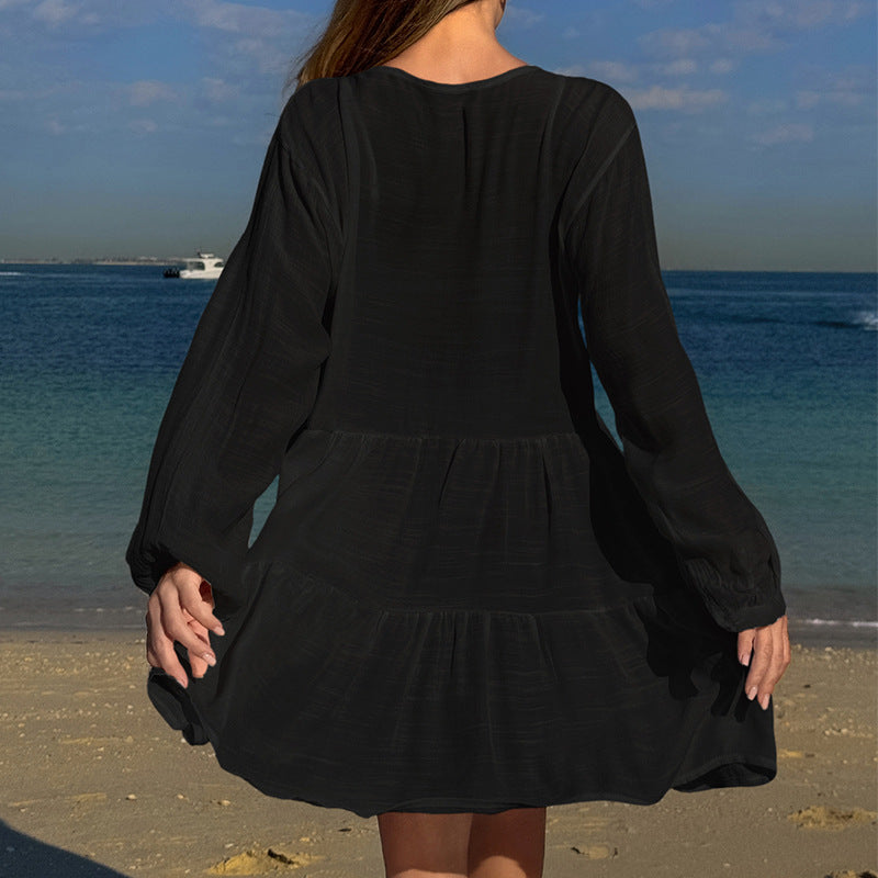 Damen luftiges Strandkleid mit Spitzenbesatz und Wasserfall-Saum Echo Archiv