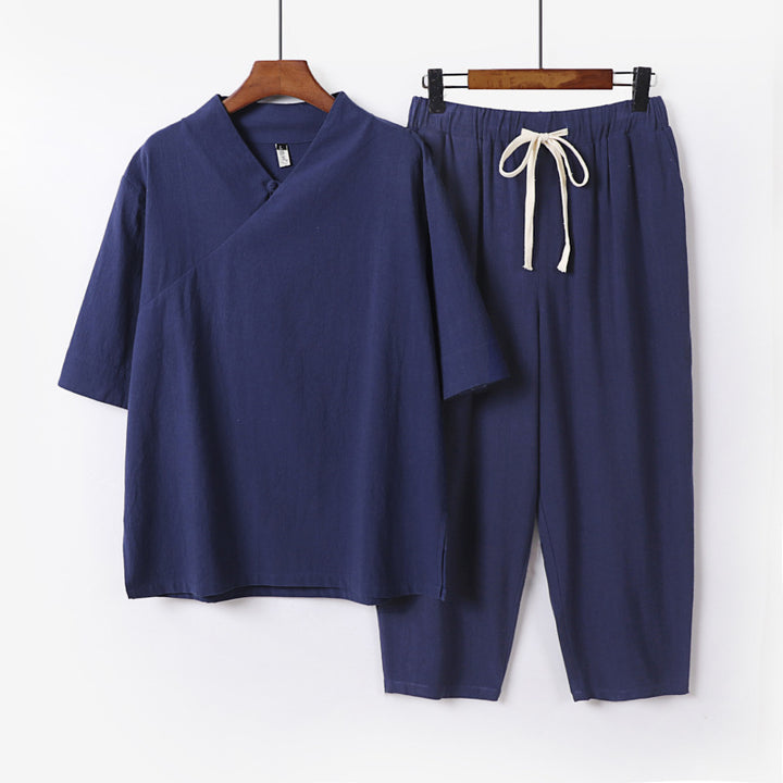 Herren Atmungsaktives Leinen-Baumwoll Lounge-Set mit asymmetrischem V-Kragen und elastischer Kordelhose Echoarchiv
