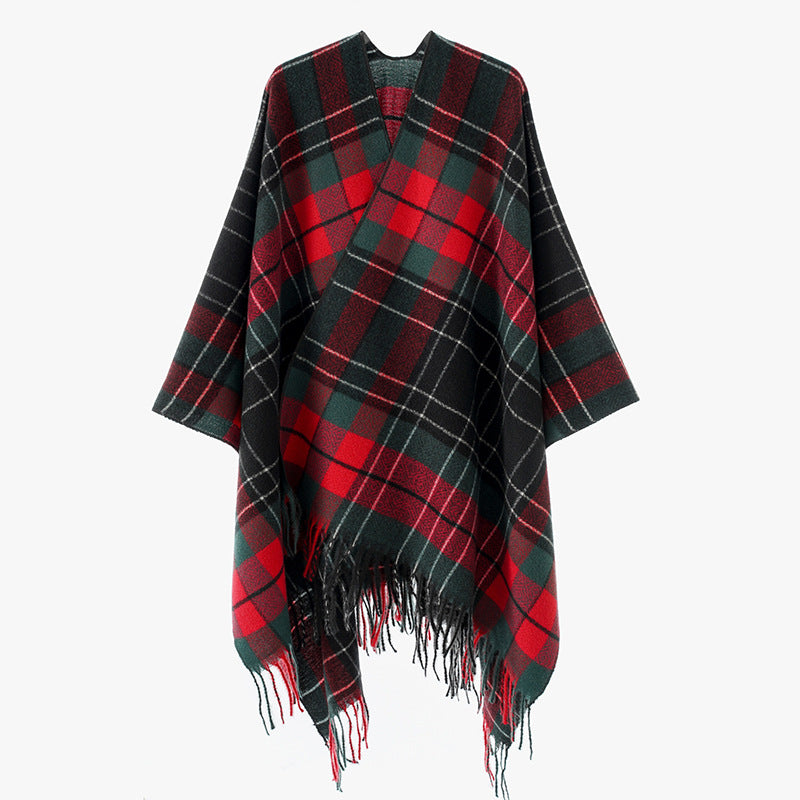 Damen Oversize-Kimono-Capeponcho im Karomuster mit Fransensaum Echo Archiv