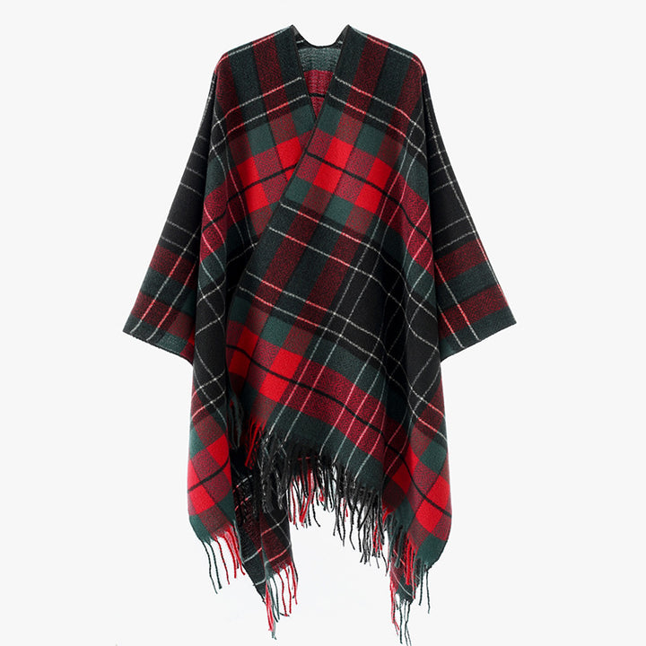 Damen Oversize-Kimono-Capeponcho im Karomuster mit Fransensaum Echo Archiv