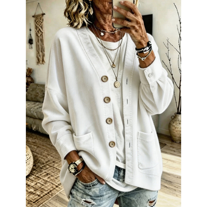 Damen Oversized Cord-Cardigan mit aufgesetzten Taschen und Holzknöpfen Echo Archiv