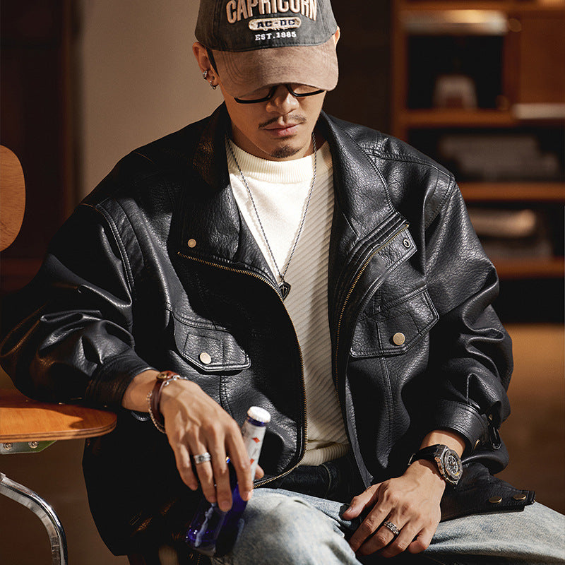 Herren Oversized Kunstlederjacke im Worker-Look mit Pattentaschen Echoarchiv