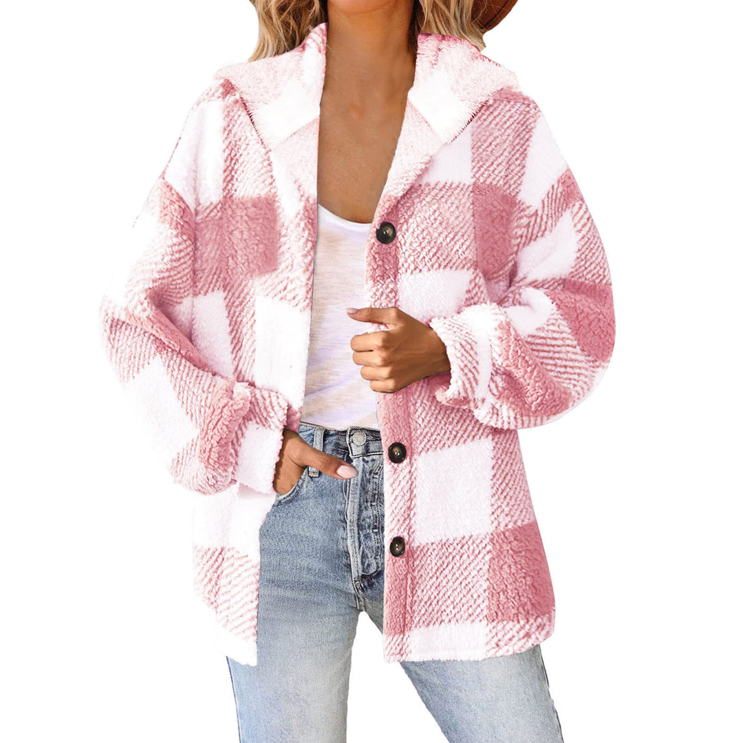 Damen nan kuschelige karierte Teddyjacke mit Kapuze, Knopfverschluss und oversized Schnitt Echo Archiv