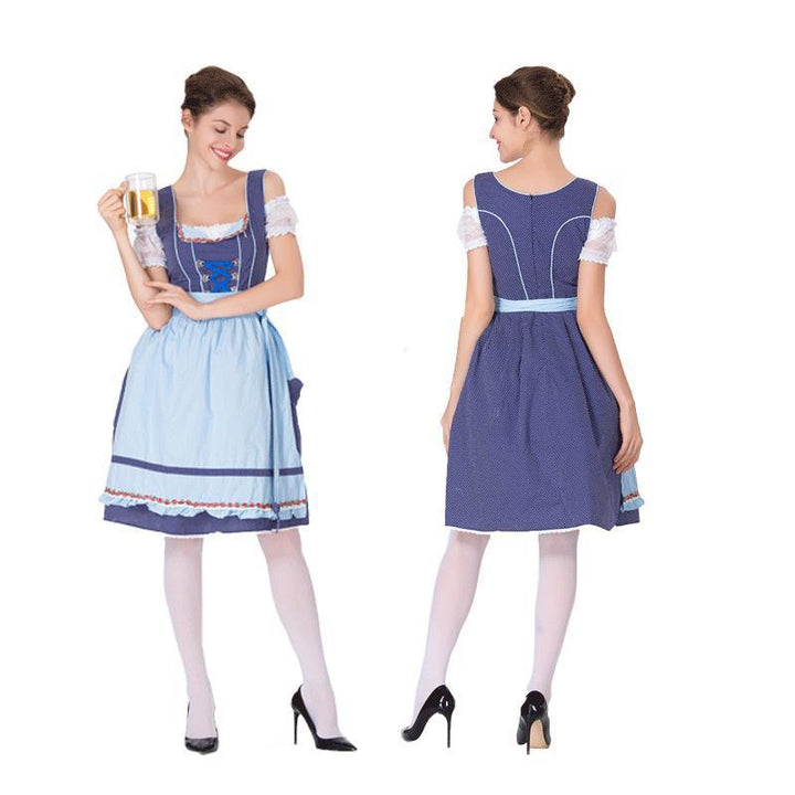 Damen nan bayerisches Trachtenkleid mit gepunktetem Mieder, Spitzeneinsätzen und geraffter Schürze Echo Archiv