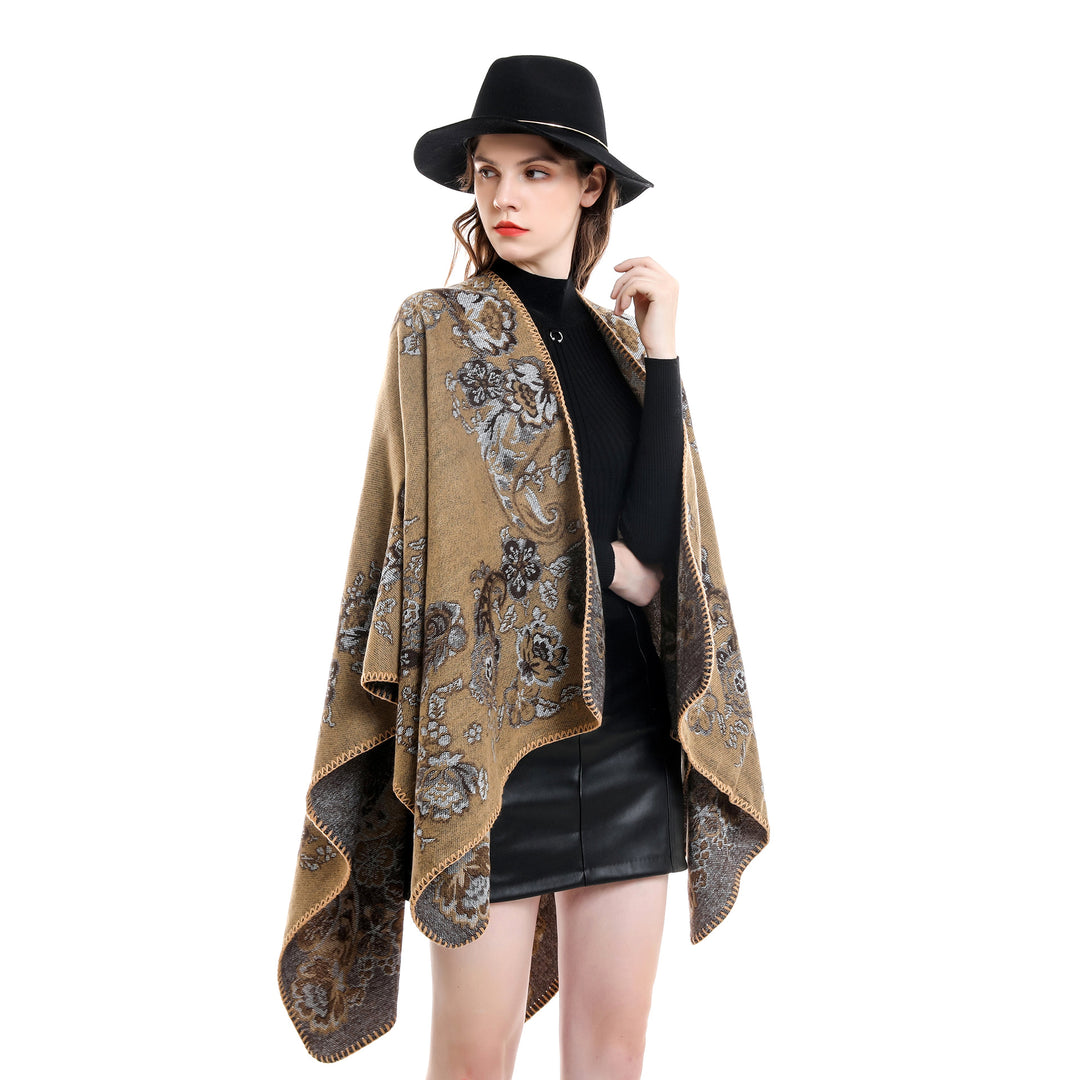 Damen Reversibler Strick-Umhang mit floraler Jacquard‑Webung und Zierkettelnaht – Veloura