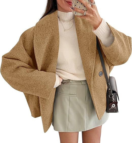 Damen oversized Teddyjacke mit großem Schalkragen und Ein-Knopf-Verschluss – Célinea