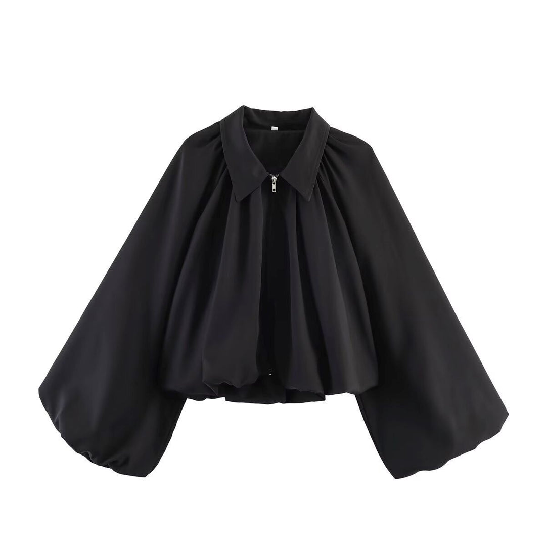 Damen Cropped-Blusenjacke mit Hemdkragen, geraffter Passe und weitem Volumenärmel Echoarchiv
