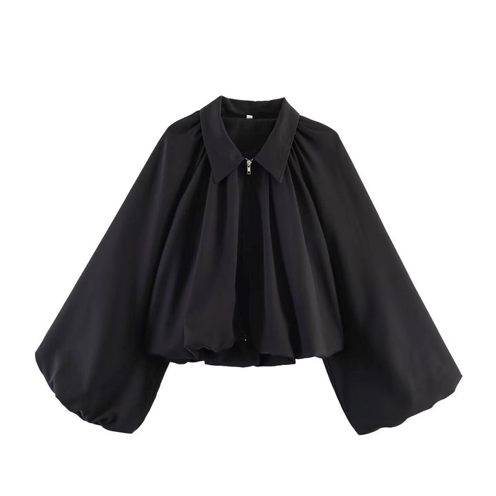 Damen Cropped-Blusenjacke mit Hemdkragen, geraffter Passe und weitem Volumenärmel Echoarchiv