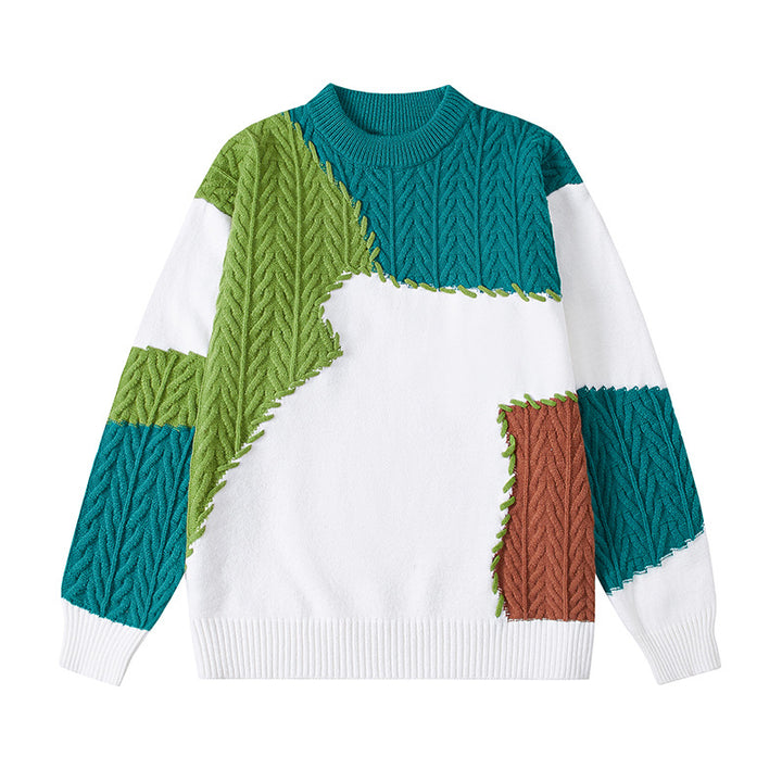 Herren nan strukturierter Patchwork-Strickpullover mit Zopfmuster und Rundhals Echo Archiv