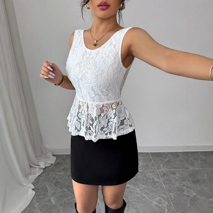 Damen nan tailliertes ärmelloses Spitzen-Peplum-Top mit gefütterter Brustpartie und transparentem Volant Echo Archiv