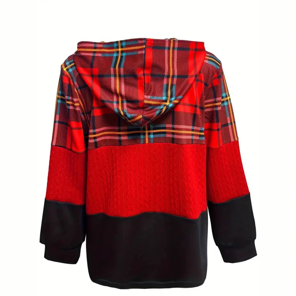 Damen nan lange Kapuzenjacke im Patchwork-Stil mit Karo‑ und Strickeinsätzen, Frontreißverschluss und Eingrifftaschen Echo Archiv