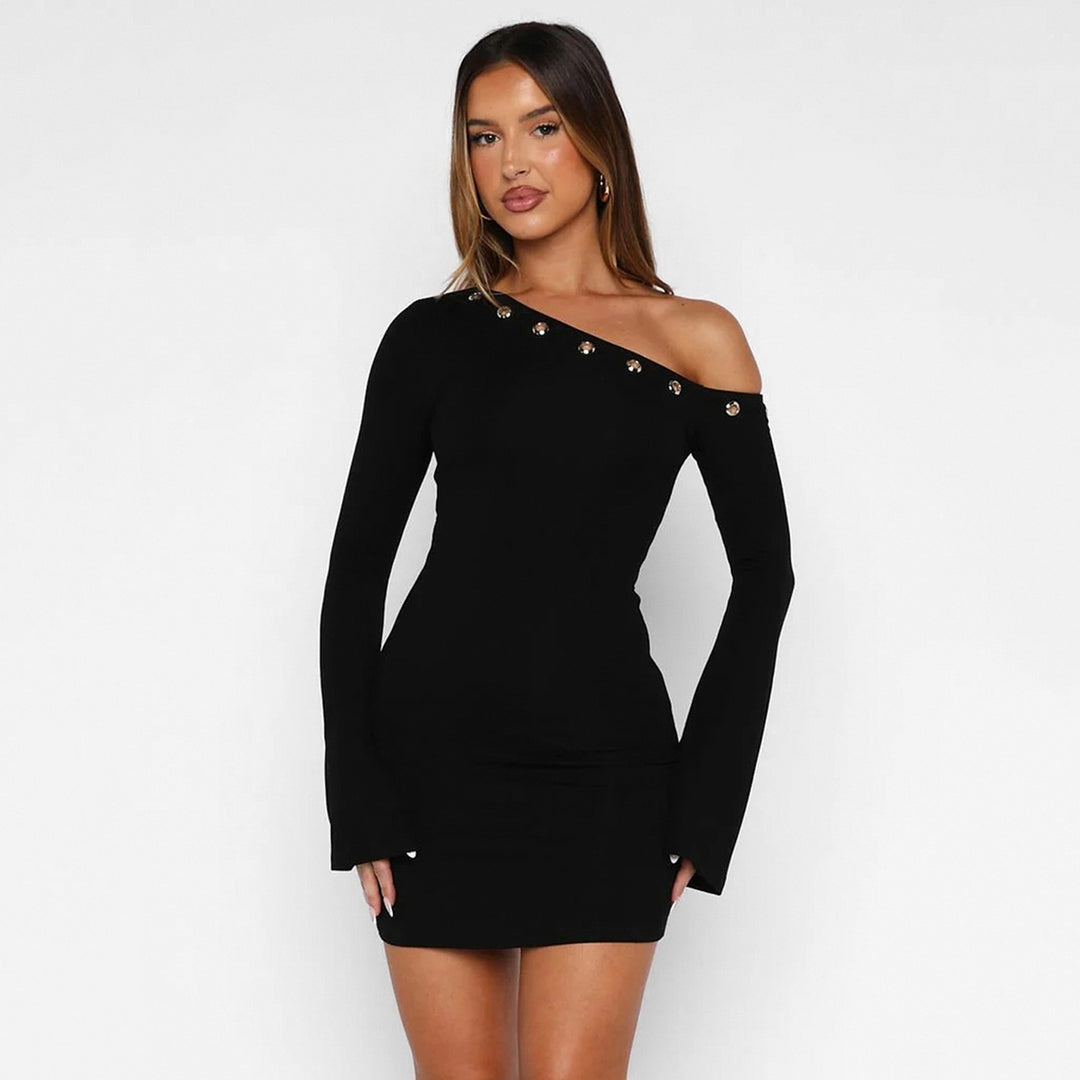 Damen Ein-Schulter Longsleeve-Minikleid mit Ösenbordüre Echo Archiv