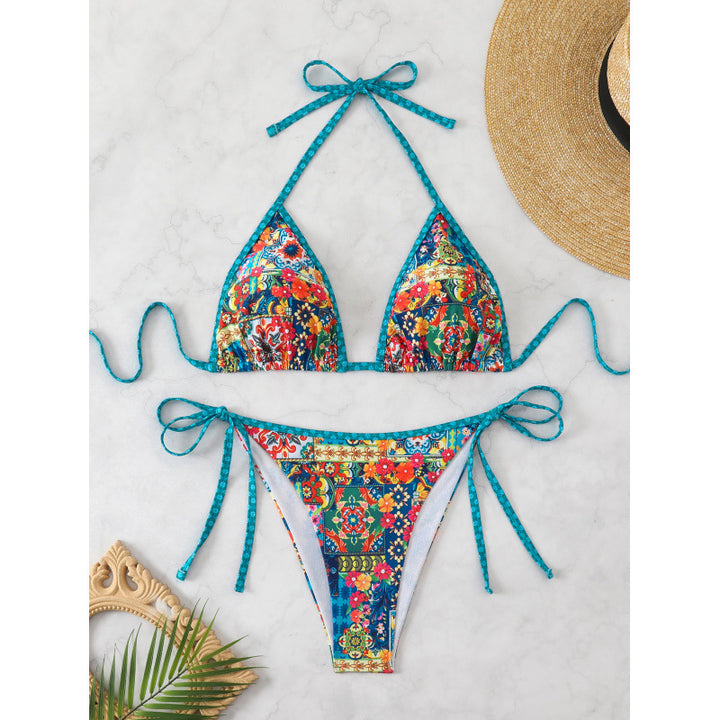 Damen Triangel-Bikini mit bunten Zierstichen und verstellbaren Bindebändern Echo Archiv
