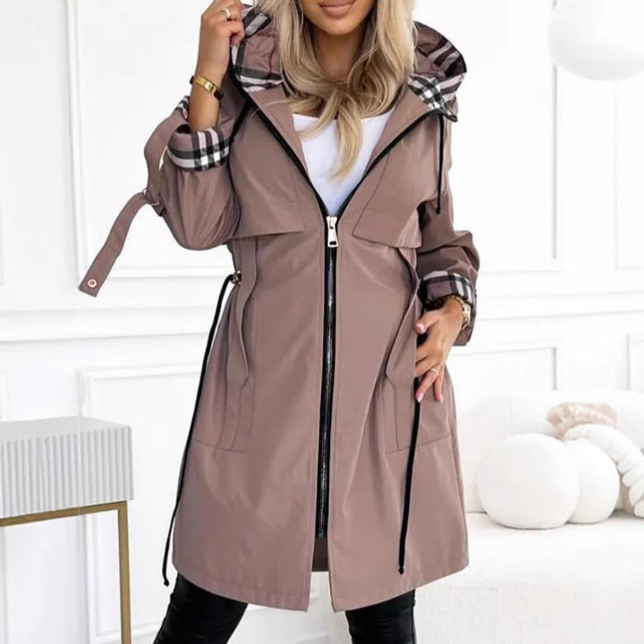 Damen nan taillierter Regenparka mit Kapuze kariert gefütterter Innenkragen und Tunnelzug Echo Archiv