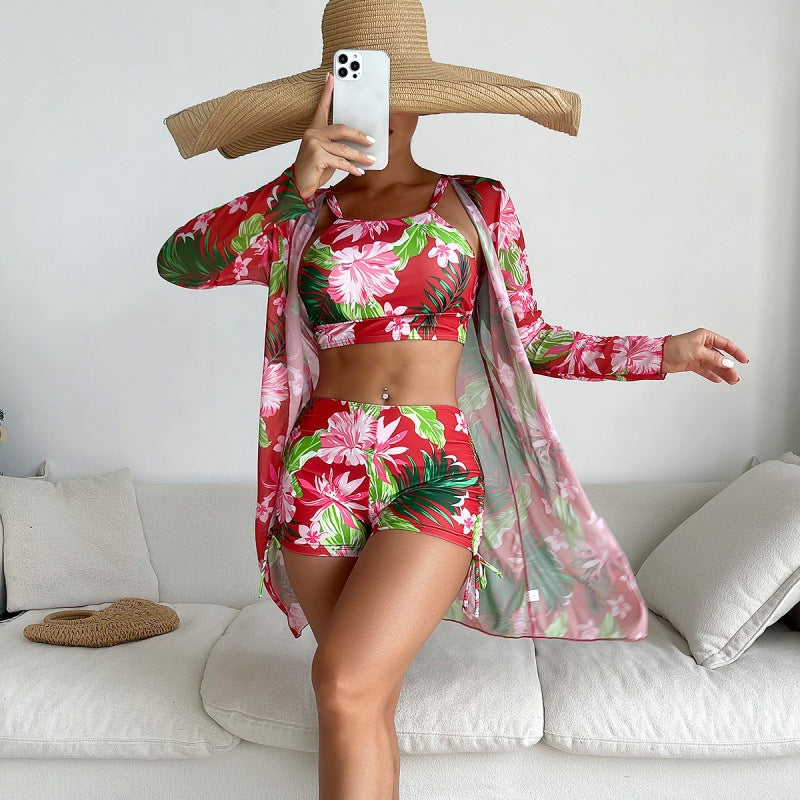 Damen Sport-Bikini-Set mit farbenfrohem Floralprint und lässiger Wickeljacke Echo Archiv