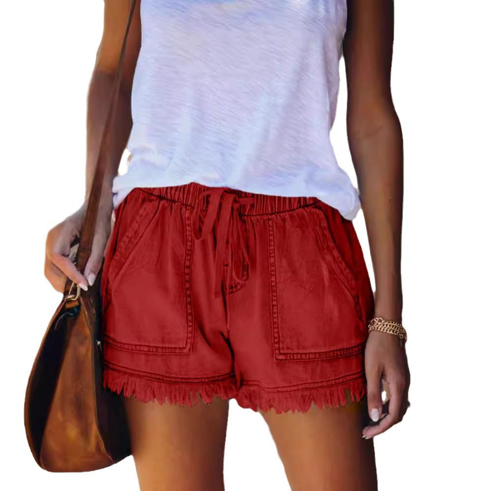 Damen lässige Denim-Shorts mit fransigen Abschlüssen und elastischem Bund Echo Archiv