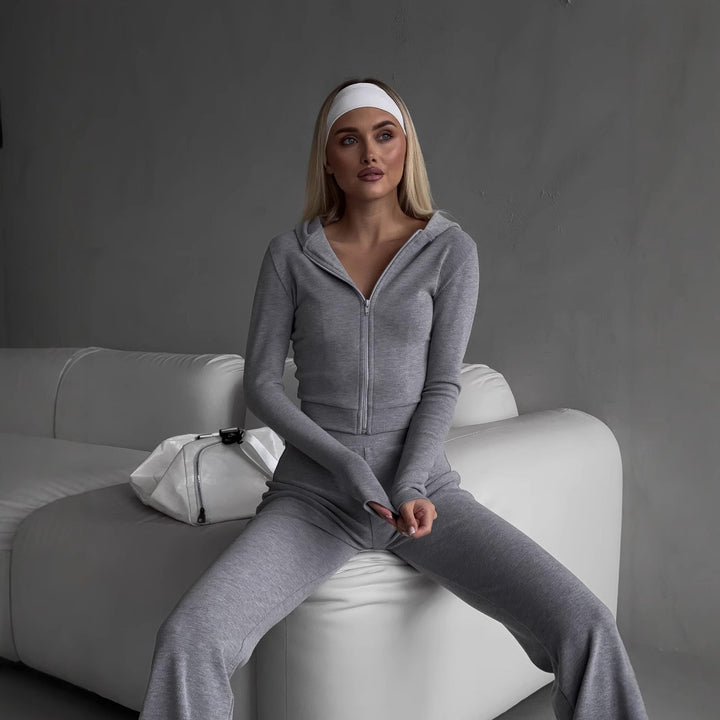 Damen figurformendes Set aus taillierter Reißverschlussjacke und High-Waist-Leggings – Avérine