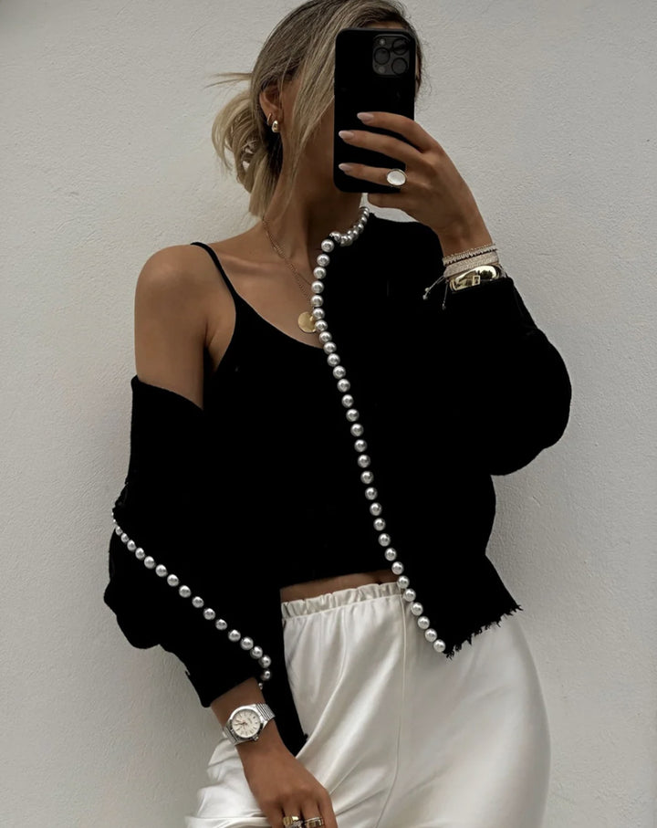 Damen Perlenverzierter Feinstrick-Cardigan mit Ballonärmeln – Veloura