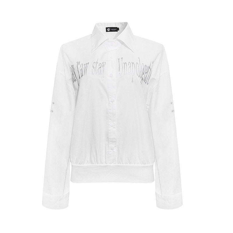 Damen Hemdbluse mit elastischem Saum, Button-Down und Schriftzug-Detail Echoarchiv