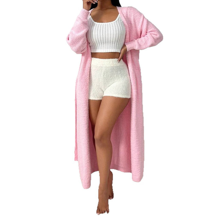 Damen Langer Wickel-Cardigan in Flausch-Optik mit Bindegürtel – Veloura