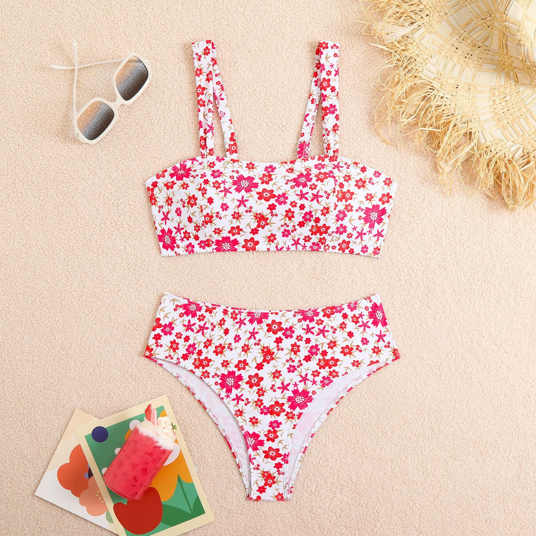 Damen Zweiteiliges Crop-Top Bikini-Set mit floralem Design und breiten Trägern Echo Archiv