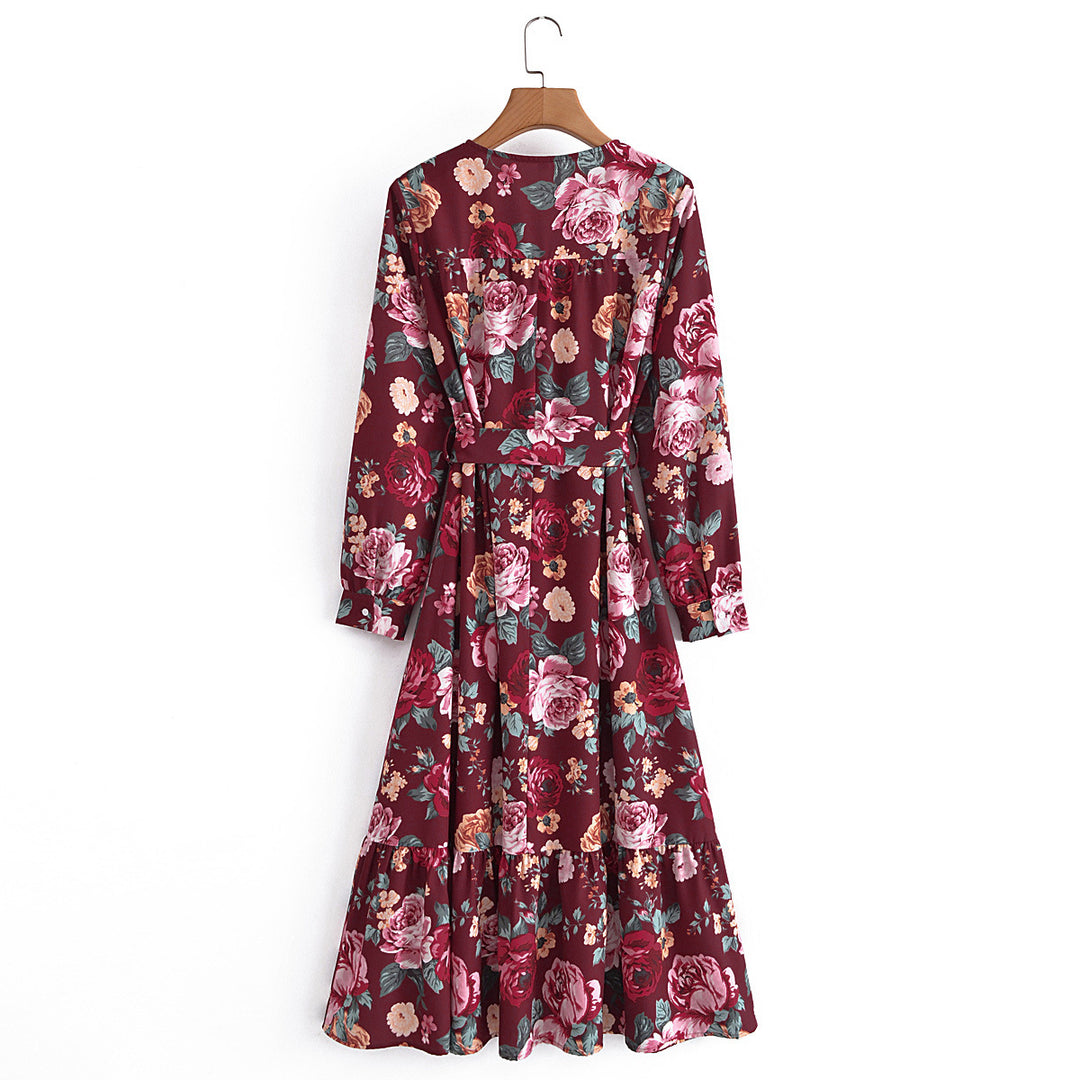 Damen Wickel-Maxikleid mit V-Ausschnitt, Taillengürtel und Stufensaum – Valéora