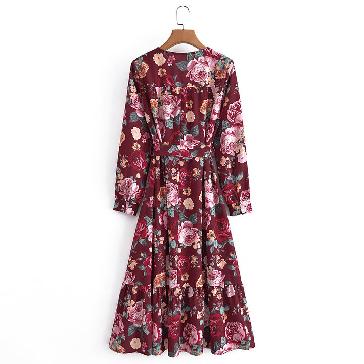 Damen Wickel-Maxikleid mit V-Ausschnitt, Taillengürtel und Stufensaum – Valéora
