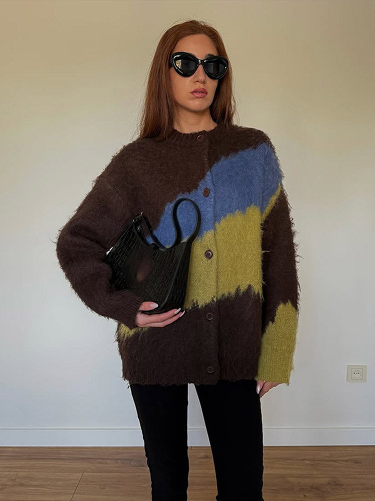 Damen Oversize Mohair-Blend Cardigan mit abstraktem Farbblock und Knopfleiste Echoarchiv