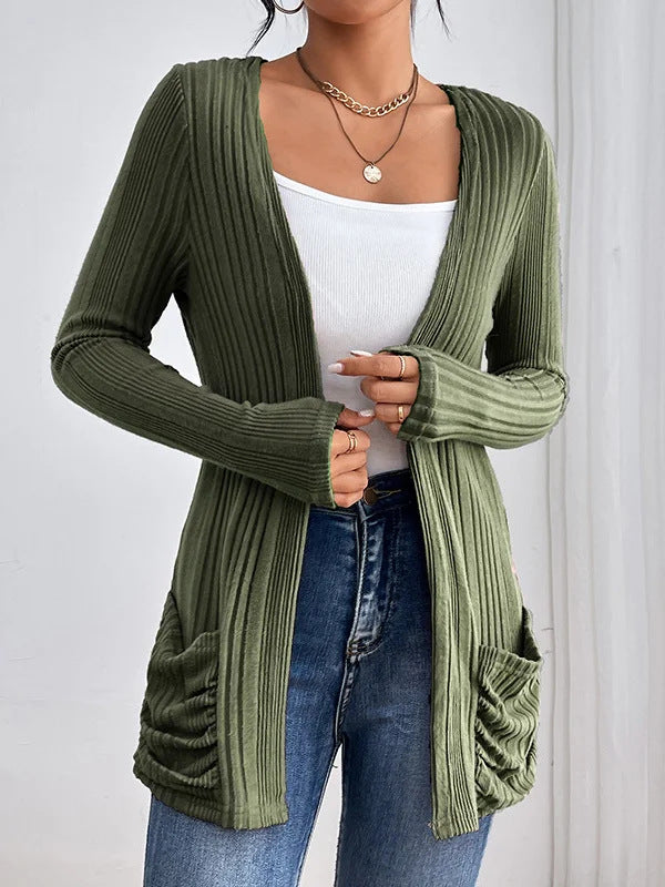 Damen Gerippter Langcardigan mit offener Front, Eingrifftaschen und legerer Passform – Veloura