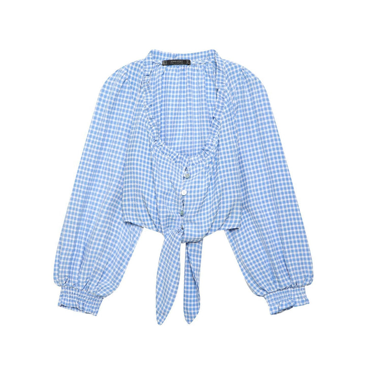 Damen Cropped-Bindeshirt mit Vichy-Karo, Rüschensaum und Ballonärmeln Echoarchiv